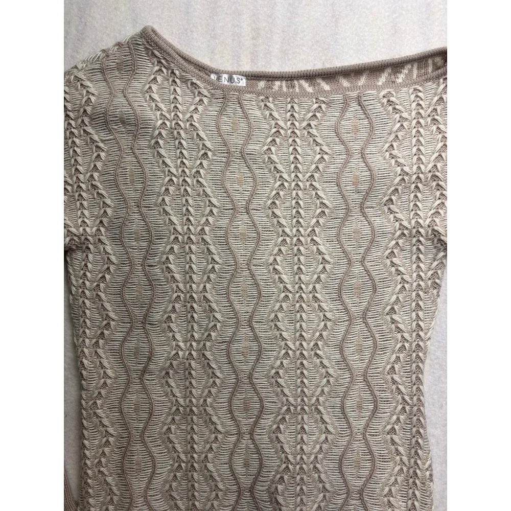 Venus Womens Tan Cream Geometric Cable Knit Boat Neck Tunic Sweater Size M - Picture 4 of 13